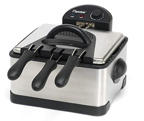 Bestron Friteuse familiale avec zone froide, 3 paniers, 4 litres, Capacité de 1,5 kg/2x750 g de friture, Fenêtre de visualisation, 2000 W, Acier inoxydable, Argenté