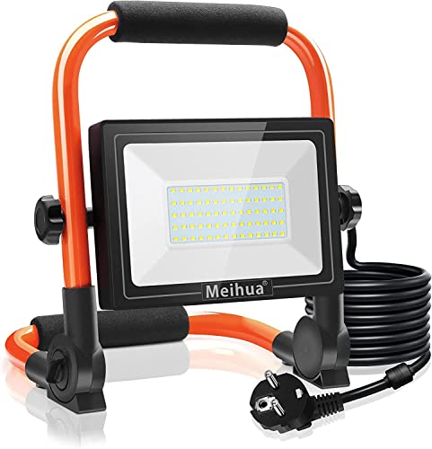 MEIHUA Projecteur de Chantier 60W, Lampe LED Chantier 6000LM Super Brillante, Lampe de travail Portable avec Prise, Mince et Léger, Base Pliable, Câble de 3.5M, Eclairage Pour Camping Bricolage