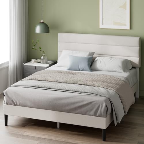 Zinus Piper Lit 160x200 cm - Hauteur 30 cm - Cadre de lit Plateforme tapissé avec tête de lit - Lattes en Bois incluses - Pas de sommier nécessaire – Blanc cassé