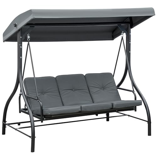 Outsunny Balancelle de Jardin 3 Places Convertible Inclinaison Toit réglable Matelas Grand Confort Rembourrage 7 cm fourni Gris métal époxy Noir