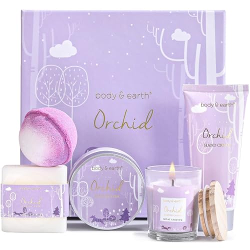 Coffret de Bain pour Femme, 6 PCS Coffret Cadeau au Parfum d'Orchidée, Crème pour les Mains, Bougie Parfumée, Boules de Bain, Idée Cadeau pour l’Anniversaire