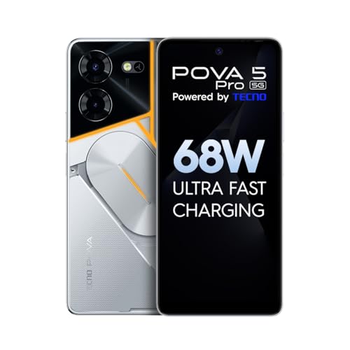 Pova 5 Pro 5G (Silver Fantasy, 8 Go de RAM, 256 Go de stockage) | Segment 1ère charge ultra rapide de 68 W | 1ère interface ARC rétroéclairée multicolore de l'Inde | Double caméra AI 50 MP | Écran FHD