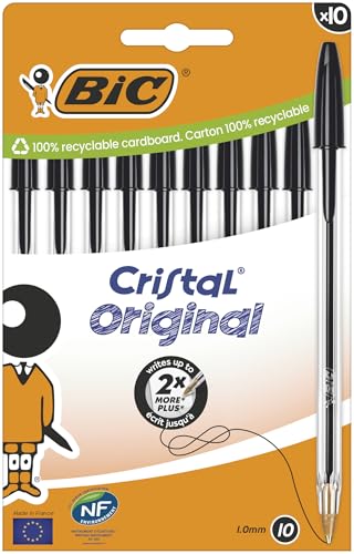 Bic Cristal Original Stylos-Bille Pointe Moyenne (1,00 mm) - Noir, Boîte carton de 10