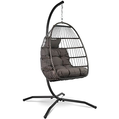 VITA5 Fauteuil Oeuf Suspendu Jardin avec Cadre en Acier - Balançoire Suspendue en Rotin - avec Grand Coussin et Appuie-Tête – Chaise Exterieur Terrasse Pliable et Hauteur Reglable - Capacité 150 kg