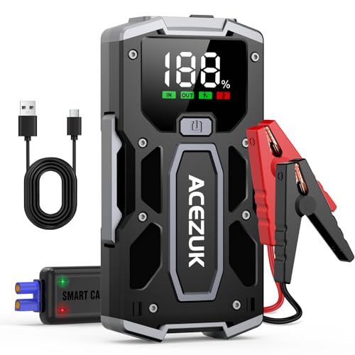 ACEZUK Booster Batterie Voiture 3000A, Démarreur de Voiture Portable (Jusqu'à 5.5L Diesel ou 7.0L Gaz), 12V Jump Starter avec 2.5 inch Écran LCD, Pinces de Sûreté Intelligentes, Lumière LED