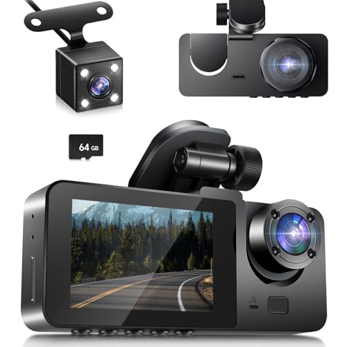 1080P Dashcam Voiture Avant et Arrière, 170° Grand Angle 3 Canaux, SD 64GB Inclus, Vision Nocturne & Étanche, Enregistrement en Boucle 24H, G-Sensor