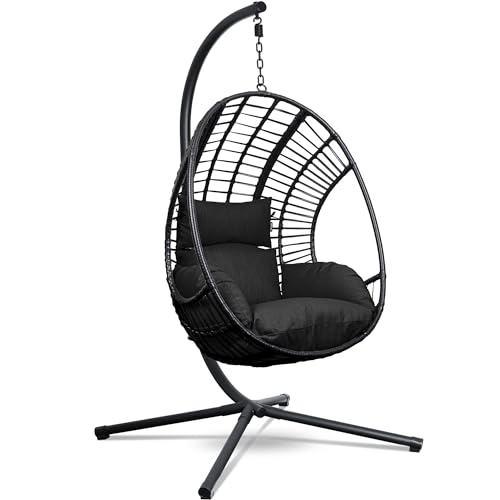 Swoods Fauteuil Suspendu Egg XXL - Chaise Suspendue avec Support - pour Intérieur et Extérieur - INCL. Oreillers - Chaise Egg - Cocoon - Chaise Oeuf - Jusqu'à 150kg (Noir)