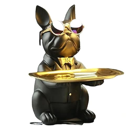 suruim Bouledogue Statue Chien avec Plateau Décoratif - Plateau de Rangement en Résine pour Clés, Friandises et Décoration, Decoration Maison Moderne Deco Interieur Maison (Noir)