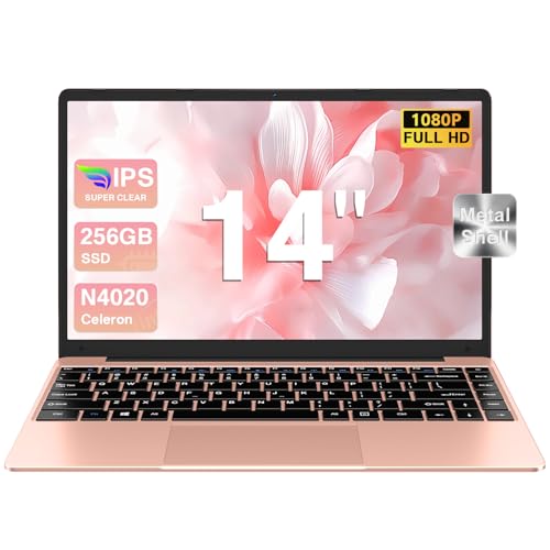 bvate Ordinateur Portable 256 Go 14" Win 11 N4020 Support Expansion 1 to SSD 1080P 2.4G+5G WiFi Mini HDMI & Souris sans Fil et Un Film de Clavier AZERTY pour Clavier - Or Rose