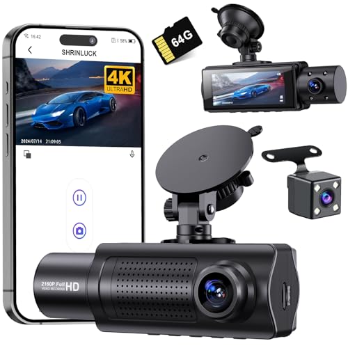 SHRINLUCK X5 4K WiFi Dashcam Voiture Avant Arrière Intérieur, Carte SD 64G, 2160P+1080P+1080P FHD 3 Canaux Dash Cam,Camera Voiture Triple 360° Tous Côtés,G-Capteur,WDR,Vision Nocturne,24H Mode Parking