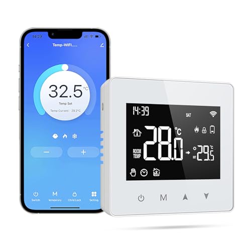 Thermostat Connecté, Thermostat sans Fil, Compatible avec Alexa et Google Home, Thermostat Chaudiere Gaz, Thermostat Connecte Intelligent WiFi avec Écran LED Tactile, Commande Vocale et Distance (B)