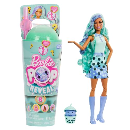 Barbie Poupée Pop Reveal série Bubble Tea avec accessoires et animal parfum thé vert, 8 surprises dont un changement de couleur, un gobelet avec rangement, HTJ21