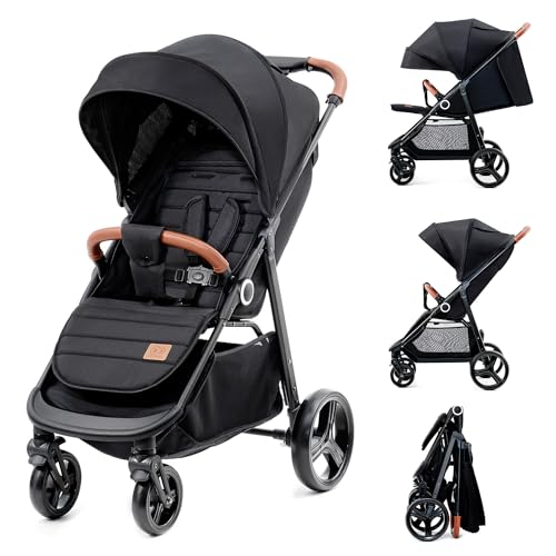 Kinderkraft GRANDE PLUS Poussette Canne dès la Naissance jusqu’à 22 kg, Pliage d'une seule main, Position allongée, Capote extensible, 4 Roues amorties, Noir