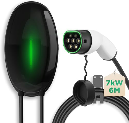 EIDYBOX Type 2 Wallbox pour Vehicule Electrique, 7,4KW Monophasé 32A Borne de Recharge avec Câble de 6M, Station de Recharge pour véhicules électriques à Domicile, Étanchéité IP66 Noir