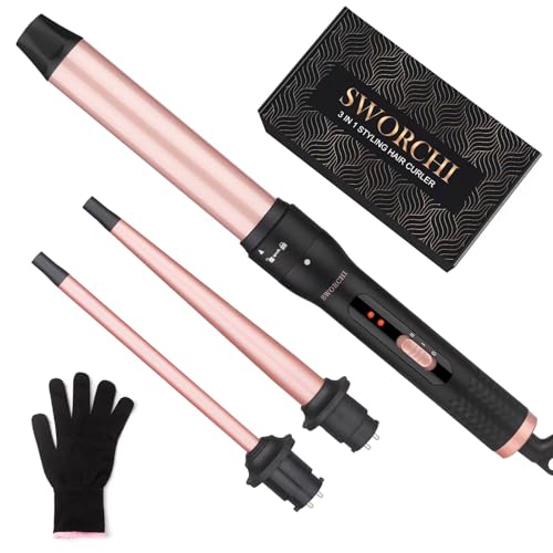 Boucleur a Cheveux 3 en 1 Fer à Boucler Interchangeable Céramique Fer a Friser avec Température Réglable Hair Curler pour Cheveux Longs Courts Fins et Epais avec Gant