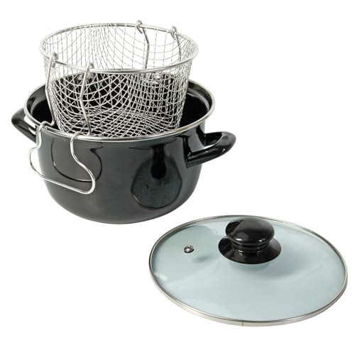 Crealys 545413 Friteuse traditionelle en Acier Emaillé Noir Ø26 cm - avec panier étamé + couvercle en verre - tous feux dont induction