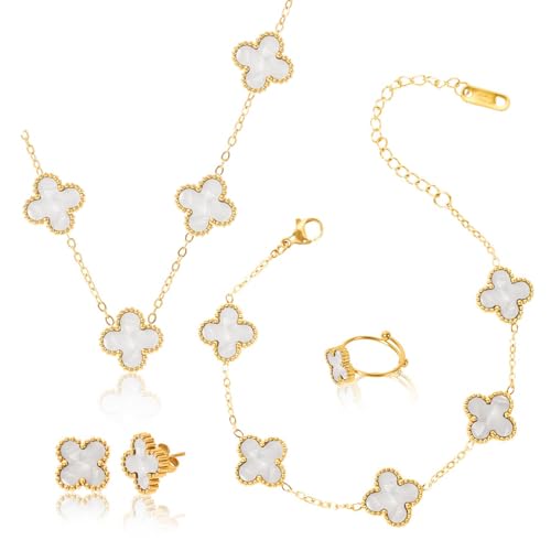 Ensemble de Bijoux Trèfle à Quatre Feuilles pour Femme Fille，bijoux acier inoxydable femme，18K or rose bracelet porte bonheur,Trèfle à quatre feuilles collier boucles d'oreilles bracelet bague(Blanc)