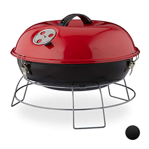 Relaxdays Rouge Barbecue Rond, Portable, Couvercle, Pique Nique, Grosse Surface de Cuisson,Charbon de Bois d.36 cm