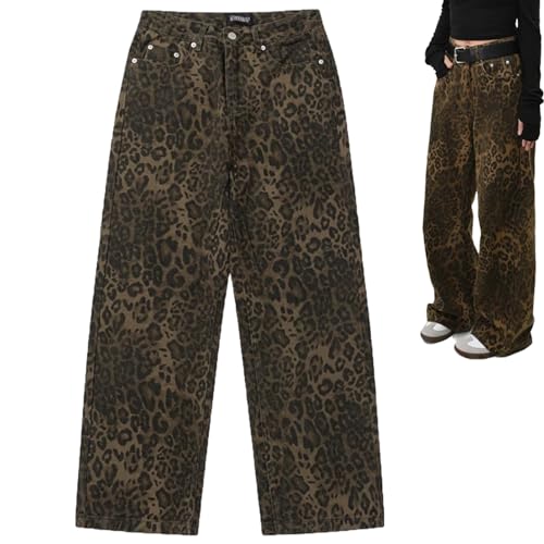 VessEn Jean Leopard Femme,Pantalon Leopard Femme Jean,Tan Leopard Jeans,Leopard Print Jeans,Jean Femme Large,Denim Pants Female Oversize Wide Leg Trousers Street Wear Hip Hop Vintage Loose Casual