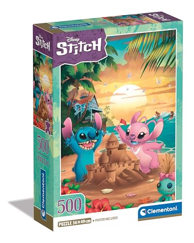 Clementoni | Puzzle Disney Stitch 500 Pièces | Format 49x36 cm avec Poster Inclus | Plage Tropicale et Coucher de Soleil | Activité Détente Visuelle | Jeu de Société Calme Adulte | Écoresponsable