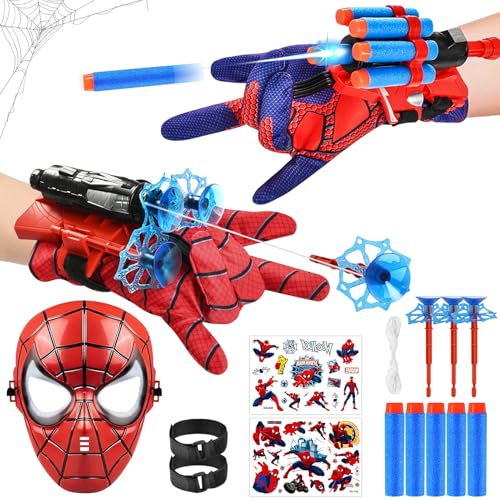 JIASHA Lot de 2 Gant de Lanceur Spiderm, Spiderm Launcher avec Masque et Autocollants Jouets de Poignet Lanceur de héros Spider Launcher Spider Gant de Cosplay en Plastique pour Enfants (D)