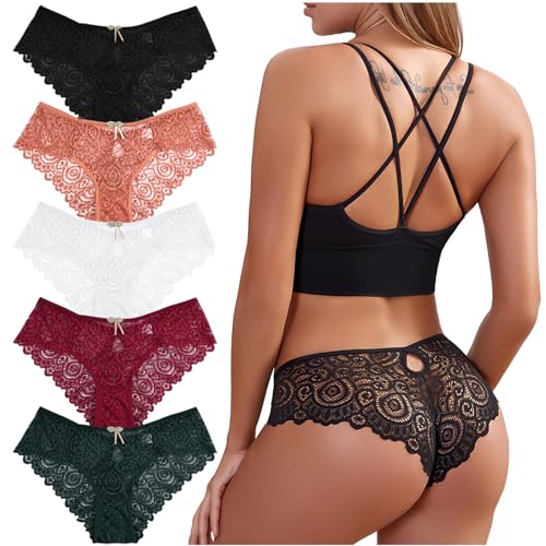 Zhiaek Lot de 5 Culotte Dentelle Sexy pour Femme String Femme Sexy Chic Tanga sous Vêtements Féminins Lingerie Shorties Hipster Stretch Slips Ultra Minces M