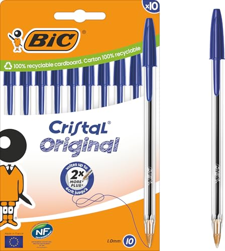 BIC Cristal Original Stylos-Bille Pointe Moyenne (10 mm) - Bleu Pochette de 10