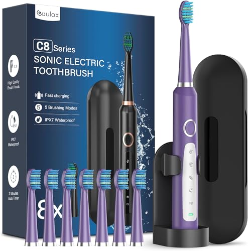 Brosses à Dents Électriques Soniques Adultes avec 8 Têtes - Brosse à Dents Électrique avec Étui de Voyage, 5 Modes et IPX7, Brosses à Dents Électriques à Ultrasons pour Femmes Hommes, Violet Foncé