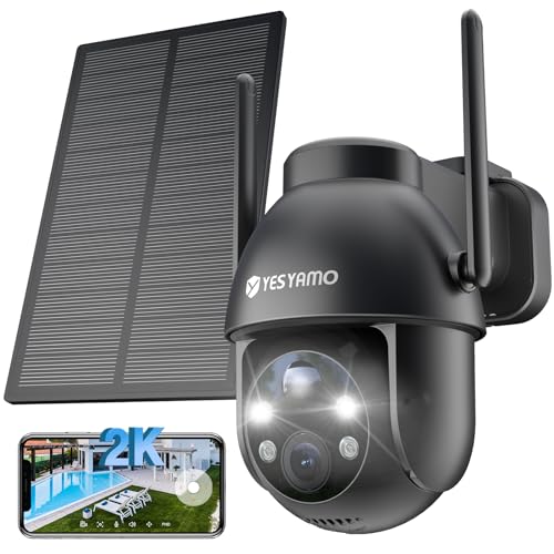 YESYAMO 2K Camera Surveillance WiFi Exterieure sans Fil Solaire, 2.4GHz Camera Exterieur Solaire avec Panneau Solaire, 360° PTZ, Vision Nocturne Couleur, Audio Bidirectionnel, PIR Sirène (Noir)