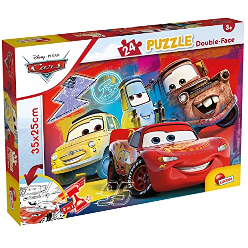 Liscianigiochi - DISNEY CARS - 24 Pièces - Pour Enfants Dès 3 Ans - Puzzle 2 en 1 Double Face - Verso à Colorier - Développe la Créativité et la Motricité Fine - Fabriqué en Italie