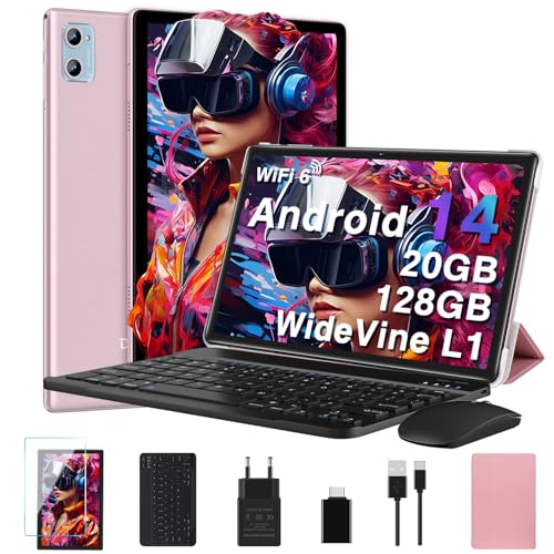 2024 Newest Tablette 10.1 Pouces avec 20Go RAM+128Go ROM (TF 1To), Tablette Tactile Android 14,5G Wi-Fi 8 Cœurs| BT 5.0| 6000mAh| 8+5MP| GMS| Widevine L1| Tablettes 2 en 1 avec Clavier Souris-Or Rose