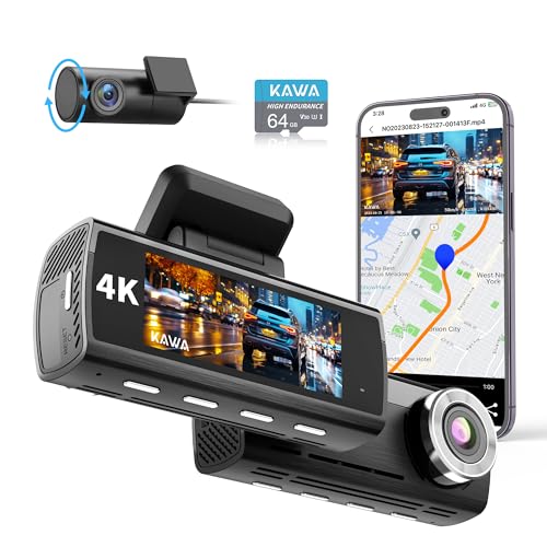 KAWA Vrai Dash Caméra Avant et Arrière 4K, Carte 64 Go Gratuite, WiFi 2160P avec Sony Starvis IMX415, Double Dashcam GPS Intégré, Écran IPS 3,16”, Vision Nuit, Mode Parking 24H, Caméra de Voiture.