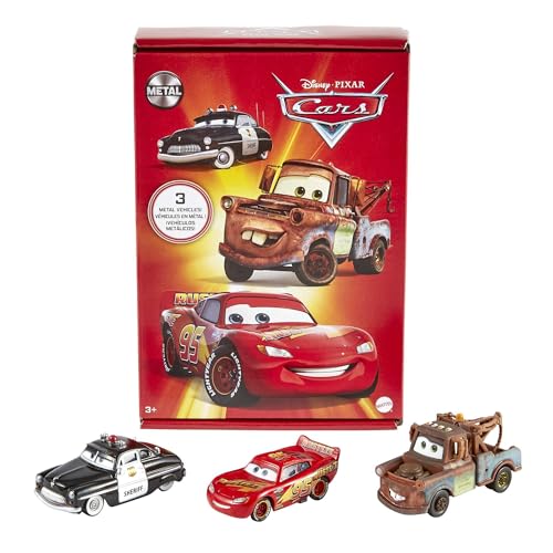 Mattel Disney Pixar Cars coffret 3 véhicules Radiator Springs à l’échelle 1/55, voitures Flash McQueen, Shérif et Martin, jouet pour enfant, HBW14