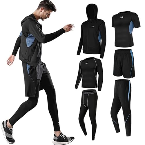 Superora Homme 6 pcs Ensembles de Fitness Vêtements Sport Compression Tenue Sportswear Haut Élastique Séchage Rapide Respirant Ultra-Léger Running Jogging Workout