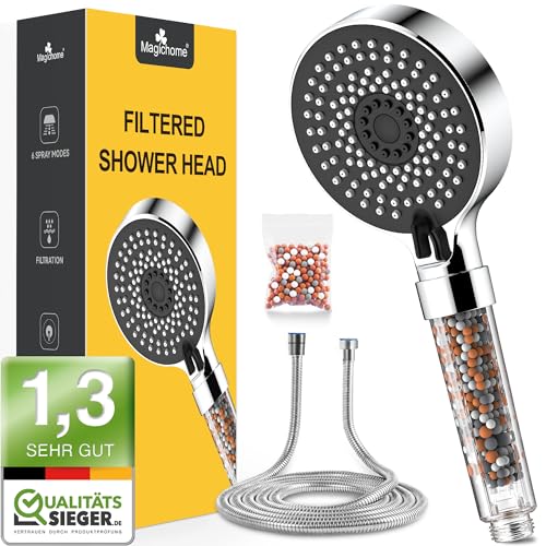 Magichome Pommeau de douche avec 2M Tuyau Filtre Economie Deau, Pommeau Douche Anti Calcaire Haute Pression, Douchette Douche Salle de Bain à Effet Pluie avec 5 Types de Jets, Noir