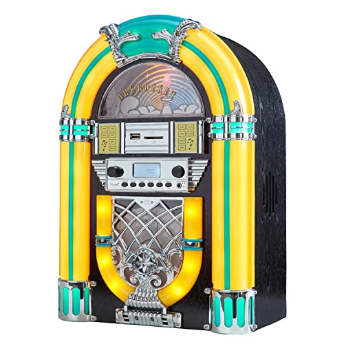 Arkrocket Athena Mini Jukebox Lecteur CD de Table Haut-Parleur Bluetooth Radio USB Lecteur de Carte SD avec système d'éclairage LED rétro