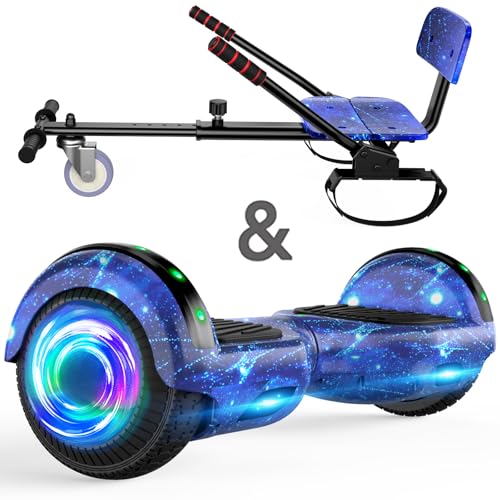 Hoverboard avec siège, 6.5 Pouces Self Balancing Hover Board avec haut-parleurs Bluetooth et lumières LED pour les enfants, les filles et les garçons (Go-Kart inclus)