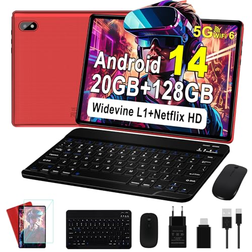 Nouvelle Tablette Android 14 Tablette Tactile avec 20Go RAM+128Go ROM(TF/1To) Octa-Core, 5G WiFi, WiFi 6, GMS Certified, Widevine L1, 5MP+8MP, 1280 * 800,Bluetooth 5.0, Tablette avec Clavier - Rouge