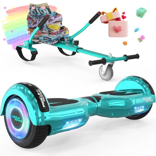 MEGA MOTION Hoverboards 6,5 pouces avec Hoverkart pour enfants et adolescents, auto-équilibrant, facile à contrôler, antidérapant, lumières LED et haut-parleur Bluetooth (Vert+Vert)