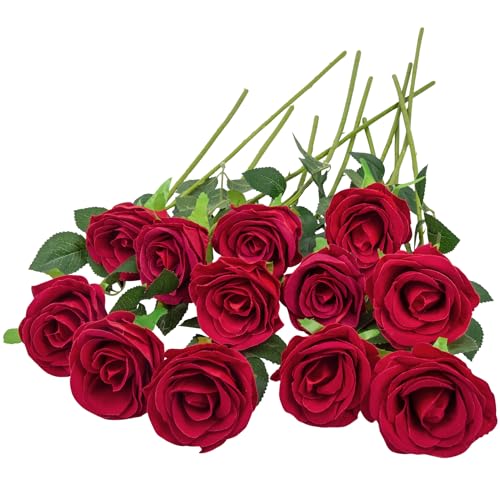 12 Pièces Texture Veloutée Fausses Fleurs Roses rouges, Bouquet Fleurs Artificielles Naturelles et Réelles, 19.29in Roses Artificielle pour Bouquets de Mariée, Home, Mariages, Décorations de Fête.