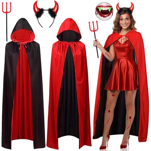 iZoeL Deguisement Diable Femme Deguisement Halloween Deguisement Vampire Deguisement Carnaval Femme Homme - Cape Noire 170 cm Corne Diable Dents Vampire - Costume Halloween Femme Costume Carnaval