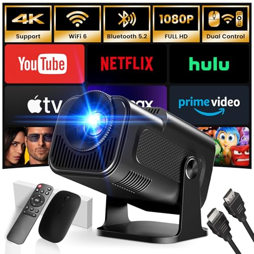 [App intégrée] 2024 Upgraded Vidéoprojecteur 1920 * 1080P FHD 4K Mini Projecteur Portable Dual Contrôle avec Souris Android TV WiFi 6 BT5.2 270° Rotation HDMI/TV Stick/USB/PS5, avec HDMI et Souris