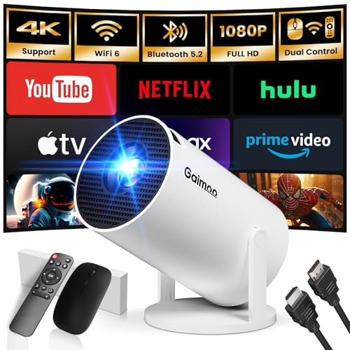 [App intégrée] Vidéoprojecteur 1080P FHD 4K 2024 Upgraded Mini Projecteur Portable Dual Contrôle avec Souris Android TV WiFi 6 BT5.2 180° Rotation HDMI/TV Stick/USB/PS5, avec HDMI et Souris