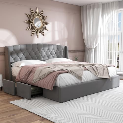 Merax Lit double rembourré avec 4 tiroirs - avec sommier à lattes - rangement avec tête- Finition velours - Pour adultes et adolescents - 180 x 200 cm - Sans matelas - Gris