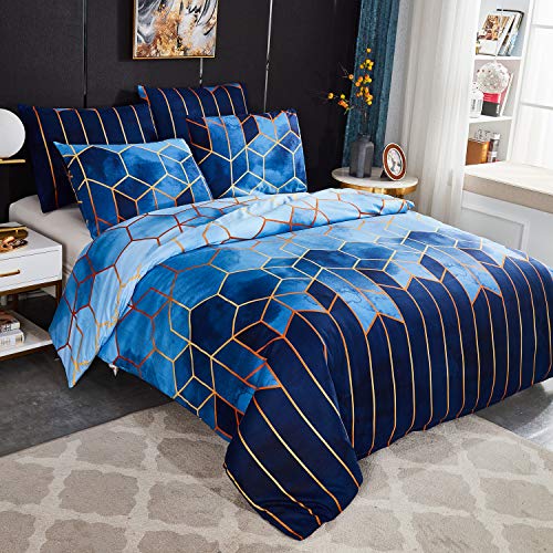 Sets Housse de Couette 220x240 cm avec 2 x Taies d'oreiller 50x70 cm,Mode Unique 3D Géométrique Imprimé Boho Microfibre Literie Parure de Lit Linge de Lit avec Fermeture Éclair pour 2 Personnes,Bleu