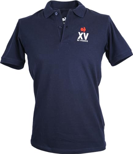 Fédération Française de Rugby FFR - Polo Officiel XV de France - Polo Adulte Manches Courtes en Coton - Collection Officielle Bleu Marine - L