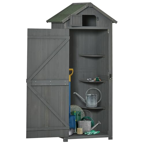 Outsunny Armoire abri de Jardin Remise pour Outils 2 Portes loquets Toit Pente bitumé 3 étagères 77 x 54 x 179 cm Sapin traité Gris