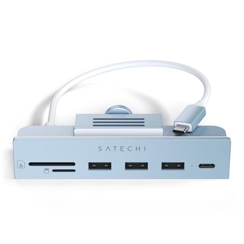 SATECHI Hub À Pince USB-C - Port de Données USB-C et USB-A 3.0, Lecteur Cartes Micro/SD - pour Apple Studio Display et iMac M1 2021, 24 Pouces, Incompatible iMac 2020 et Modèles Antérieurs (Bleu)