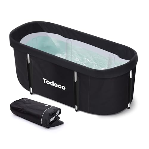 Todeco Baignoire Pliable Adulte, Grand Baignoire Pour SPA Portable Mobile pour Douche, Pliante SPA Baignoire pour Petite Salle de Bain, Trempage Autoportante Baignoire, 140x57x57cm (noir)