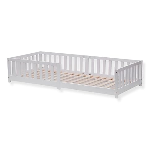 ecoMI Lit pour Enfant avec Barriere de Securite et sommier à Lattes | 90x200 cm | Blanc | Lit Enfant Bois de pin Massif (Blanc, 90x200 cm)